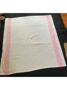 White & Pink Floral Rose Tablecloth 61x66" Vintage
